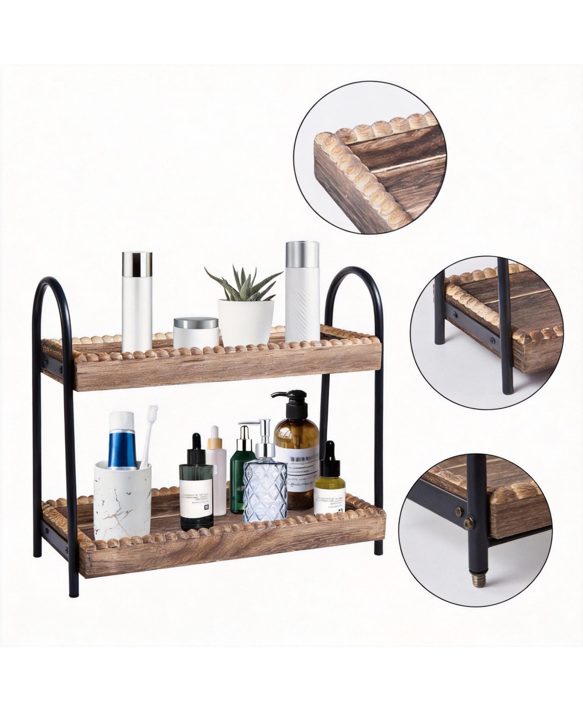 Yigii Wooden Beaded 2-Tier Bathroom Organizer for Cosmetics and Coffee
