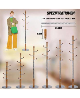 Freestanding coat rack with stable round base, adjustable height tree stand, (solid metal hooks)