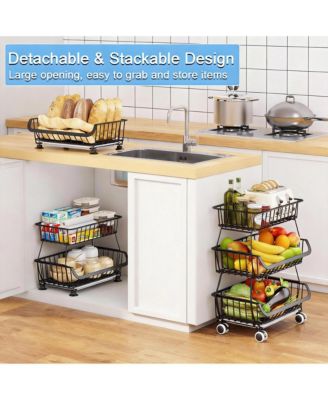 3-Tier Wire Basket Storage Cart with Wheels for Kitchen Pantry