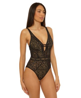 Women's Color Play Crochet Plunge One-Piece Swimsuit