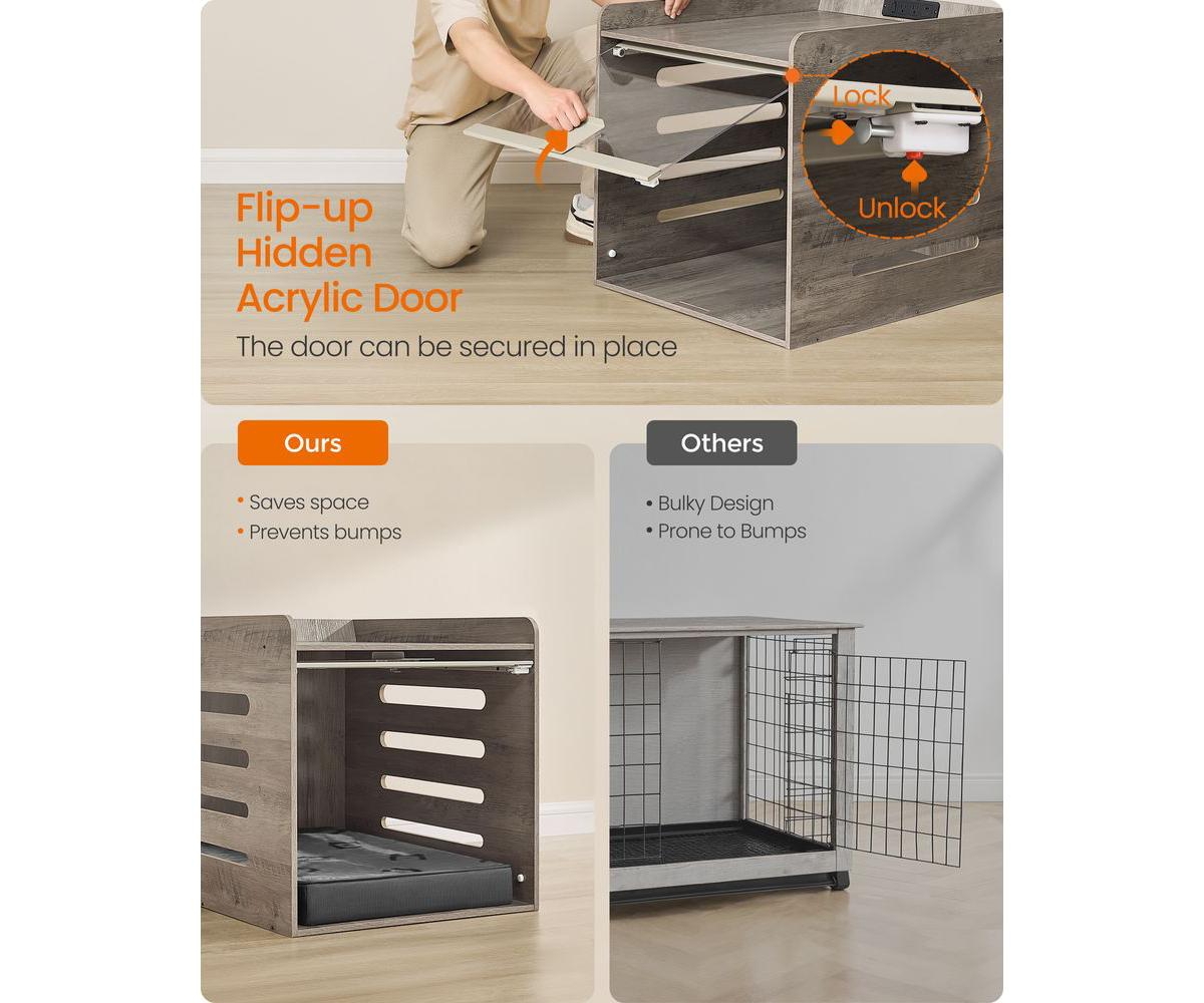 Cozito Dog Crate End Table with Charging Station, Flip-Up Acrylic Door, 2 Outlets + Usb-a/Usb-c, Up to 45 lb