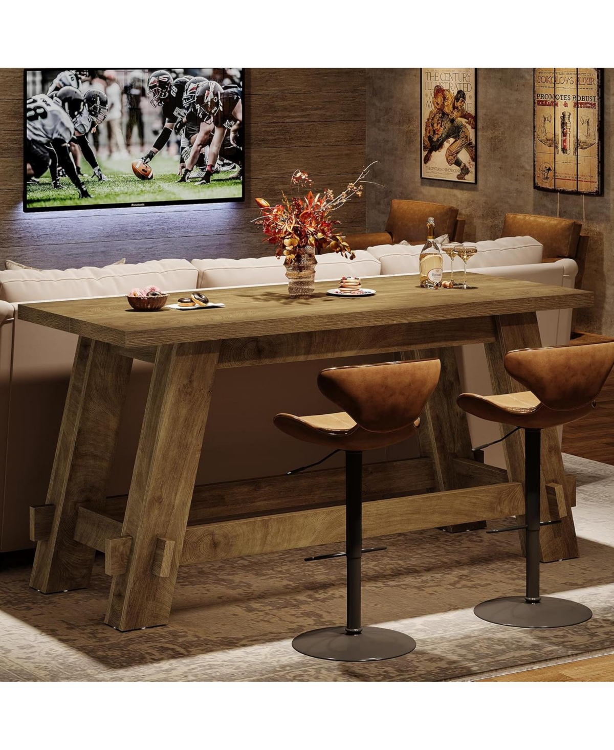 Tribesigns 63" Counter Height Bar Table with Footrest, Rectangular Tall High Top Pub Table, Industrial Home Bar Unit, Rustic Brown