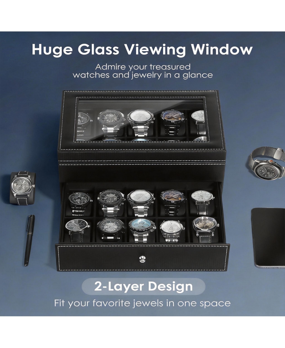 Yigii 20-Slot Pu Leather Watch Box with Clear Glass Lid and Removable Cushions