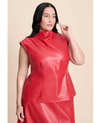 Women's Plus Size Faux Leather Top With Dramatic Neck
