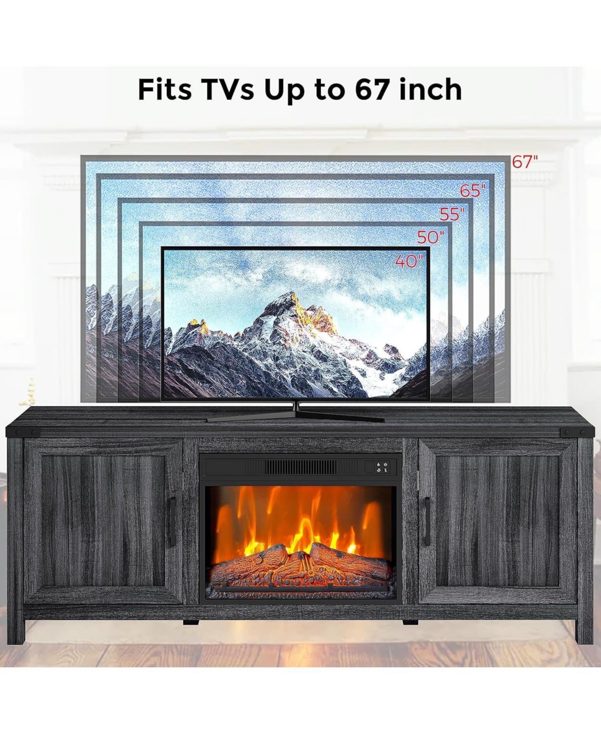 gaomon 67" Fireplace Tv Stand with Built-in 23" Electric Fireplace, Farmhouse Fireplace Entertainment Center with Remote, Black
