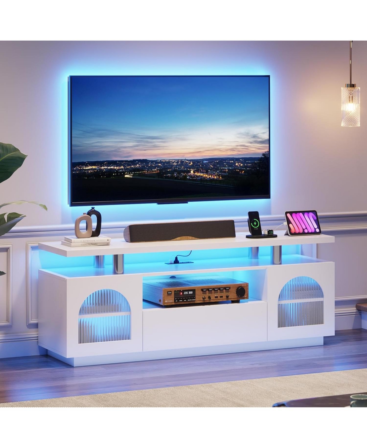 gaomon Tv Stand for 65" Tv with Power Outlets, Usb Ports & Led Lights, Media Console for Living Room or Bedroom