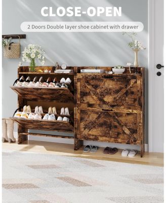 Shoe Storage Organizer with 2 Flip Drawers, Rustic Brown Farmhouse Shoe Cabinet for Entryway, Foyer, or Hallway