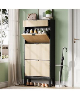 Shoe Storage Cabinet with 3 Flip Drawers, Farmhouse Fluted Shoe Organizer with Metal Legs, Freestanding Narrow Shoe Rack for Entryway