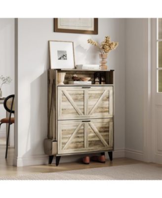 Freestanding Shoe Cabinet, 2 Flip Drawers Front Door Shoe Rack with Adjustable Shelf & Metal Legs, Shoe Rack for Front Door Entrance, Entryway