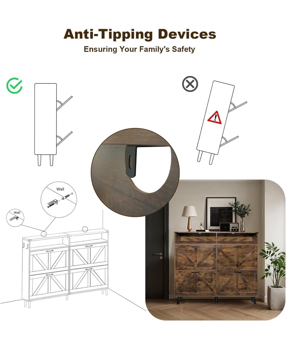 gaomon Shoe Storage Cabinet, Farmhouse Organizer with 4 Flip Drawers and Open Hallway.