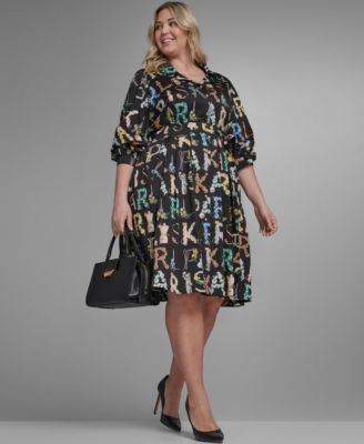 Plus Size Long-Sleeve Allover Letter Print Dress