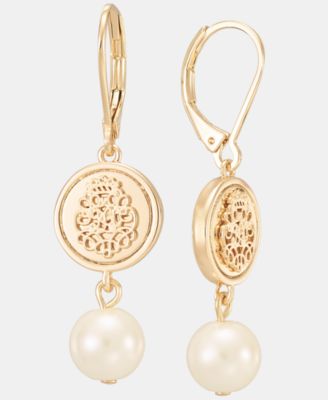Gold-Tone Pearl Coin Double Drop Earrings