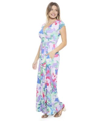 Women's Abstract V-Neck Cap Sleeve Side Slit Pocket A-Line Maxi Dress