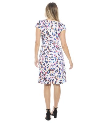 Women's Abstract V-Neck Cap Sleeve Knee Length A-Line Pocket Dress