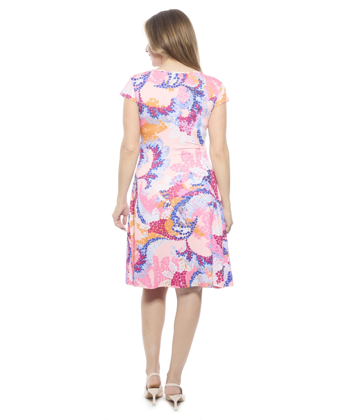 24seven Comfort Apparel Women's Abstract V-Neck Cap Sleeve Ruched Front Knee Length Dress