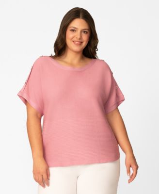 Plus Size Vertical Rib Button Short-Sleeve Sweater