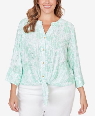 Plus Size Printed Eyelet Gauze Tie Front Top