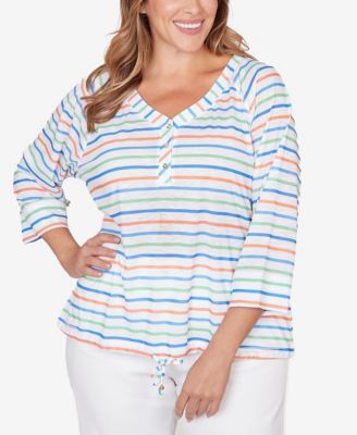 Plus Size Printed 3/4 Sleeve Henley Blouson Top