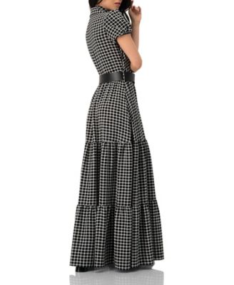 Women's Check Maxi Dress with Puff Sleeves