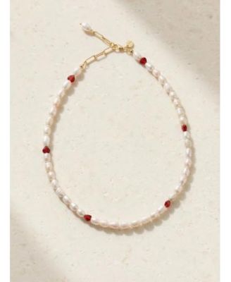 18K Gold-Plated Freshwater Pearl Choker Necklace with Red Heart Accents