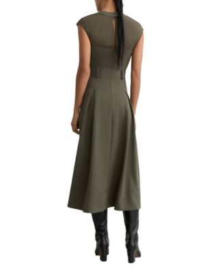 Women's Mesh-Panel Belted Pleated Midi Dress