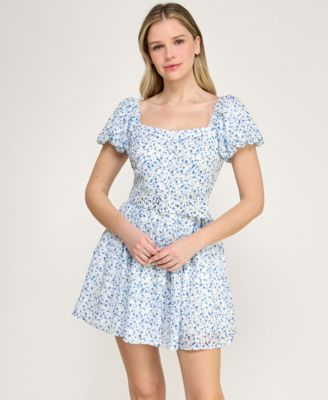 Juniors' Short Puff-Sleeve Drop Waist Dress