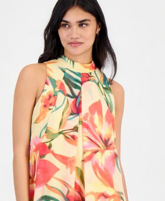 Petite Floral-Print Chiffon Trapeze Dress