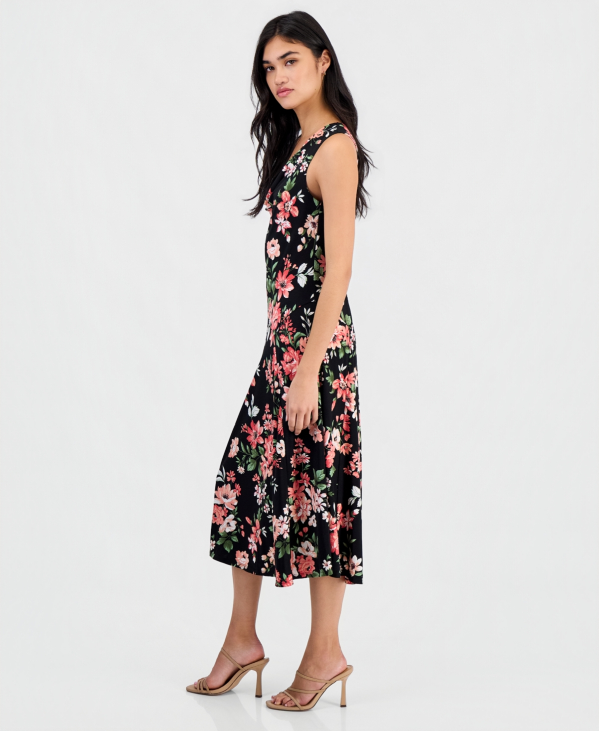 Robbie Bee Petite Floral-Print Draped-Neck Midi Dress