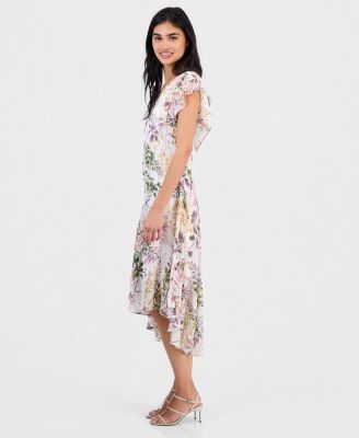 Petite Floral Flutter-Sleeve Midi Dress