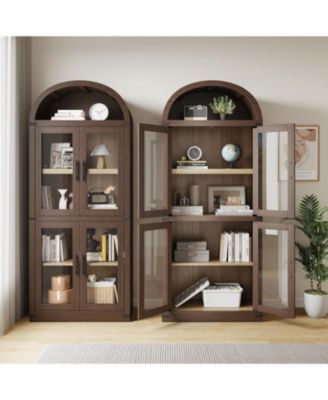 71.6" Arched Display Cabinet, 5-Tier Arched Bookcase with Glass Doors, Bookshelf, Kitchen Pantry, Modern Fluted Wooden Storage