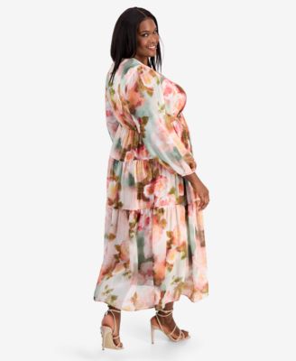 Plus Size Printed Balloon-Sleeve Tiered Dress