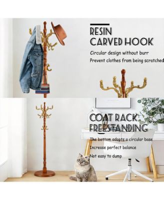 Wooden Coat Rack with Tree Design, 14 Hooks, Sturdy Base, Vintage Style