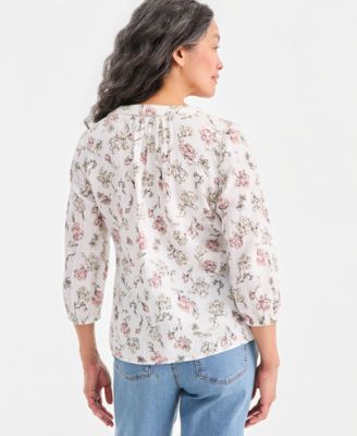 Women's Cotton Gauze Printed V-Neck Blouse