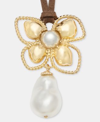 Imitation Pearl Flower Suede Cord Pendant Necklace, 16" + 3" extender