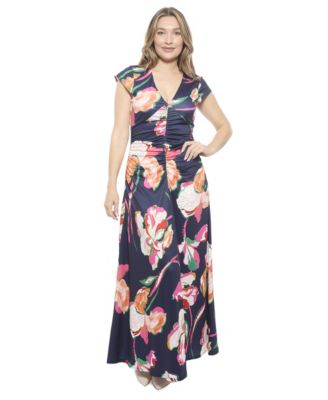 Women's Floral V-Neck Cap Sleeve Ruched Front Maxi Length Dress