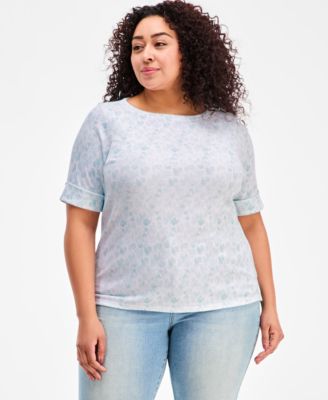 Plus Size Printed Boat-Neck Elbow Sleeve Cotton Top