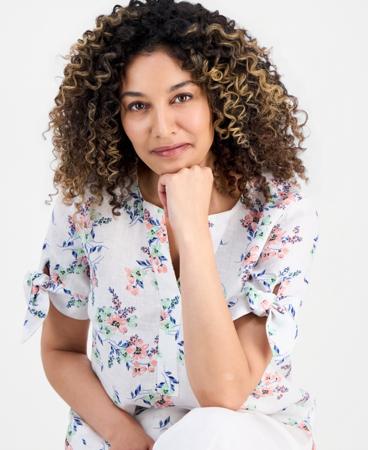 Charter Club Petite Linen Shannons Garden Tie-Sleeve Top, Macy's Exclusive