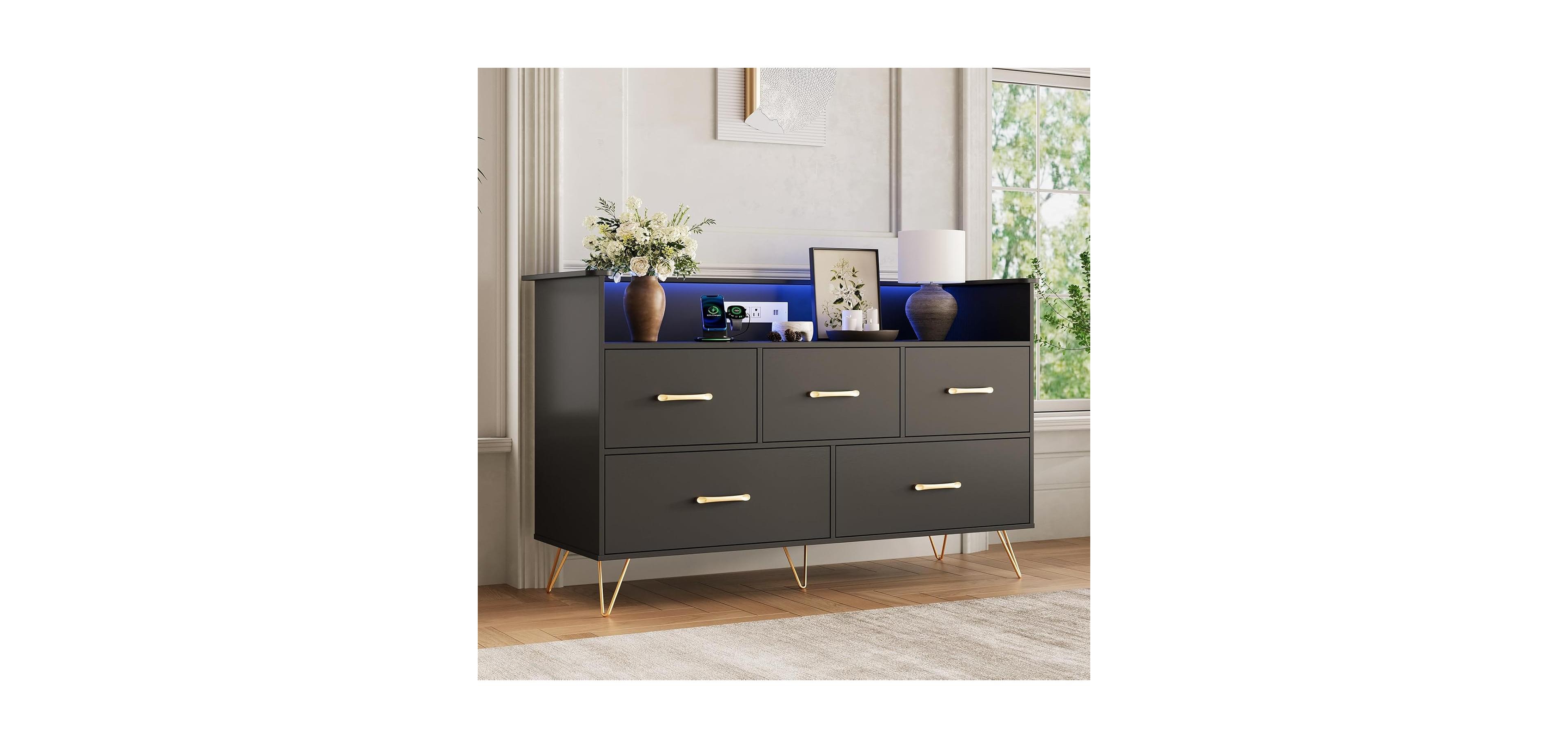 gaomon 5 Drawer Dresser for Bedroom, 47 Modern Wooden with Led Lights Charging Station, Wide Chest of Drawers Storage Organizer Nursery