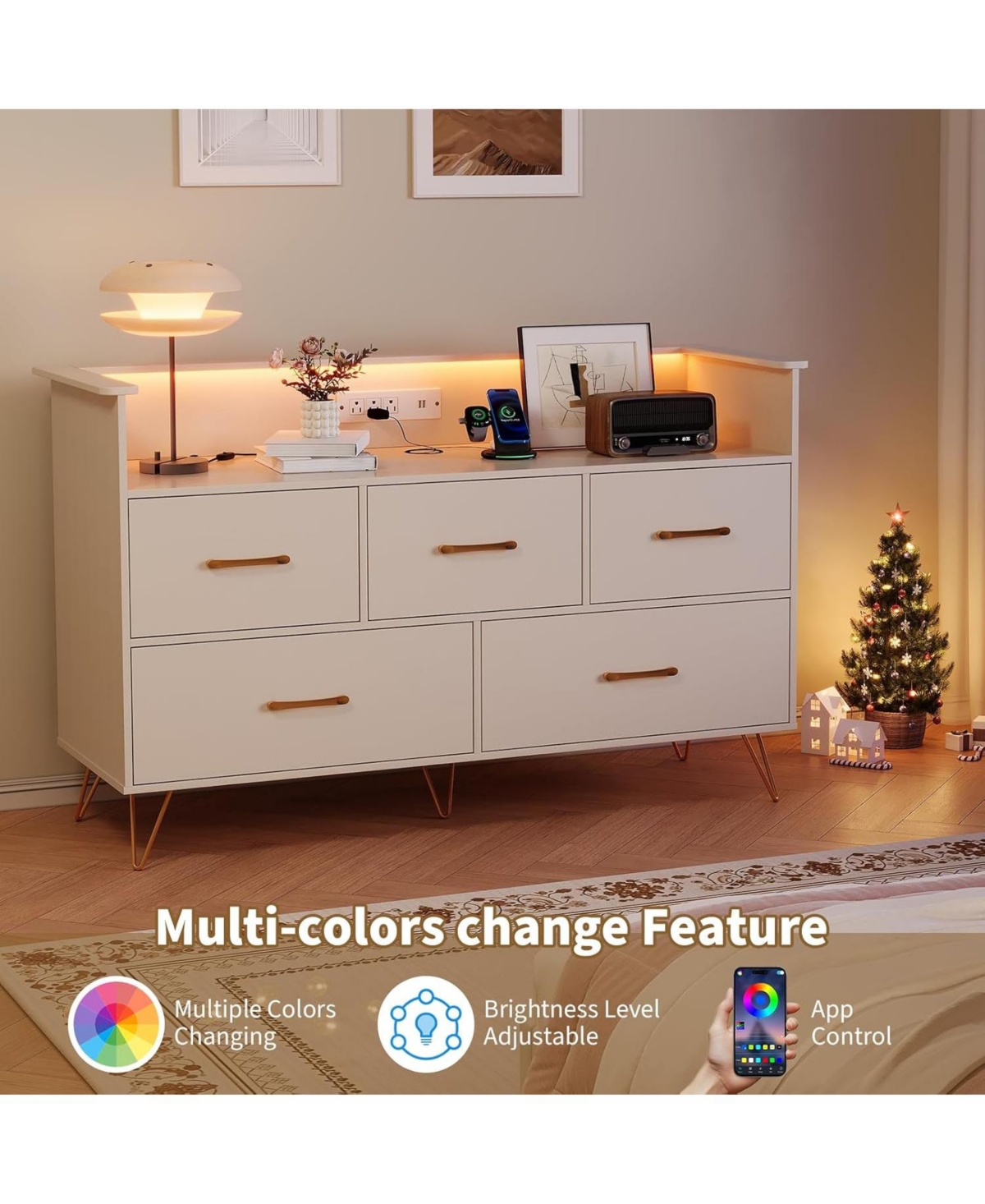gaomon 5 Drawer Dresser for Bedroom, 47 Modern Wooden with Led Lights Charging Station, Wide Chest of Drawers Storage Organizer Nursery