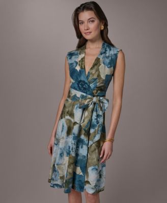 Women's Sleeveless Floral Faux Wrap A-Line Dress