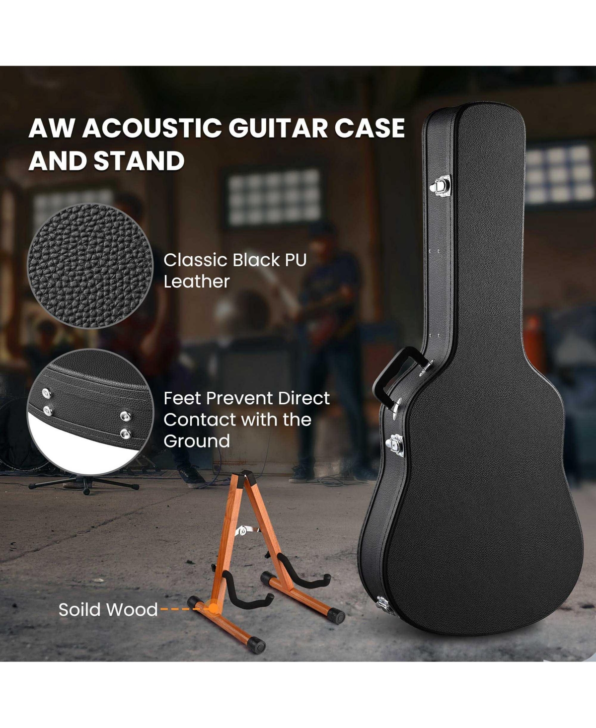 Yescom Acoustic Guitar Hard Case Wooden Hard Shell w/ Wood Folding Guitar Stand