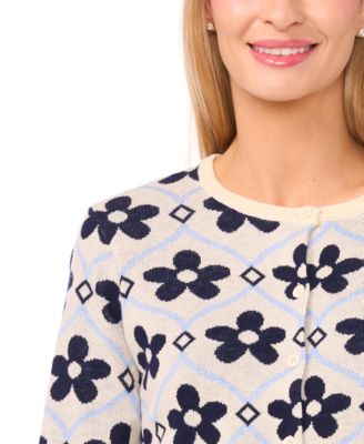 Women's Floral Detail Long-Sleeve Crewneck Cardigan