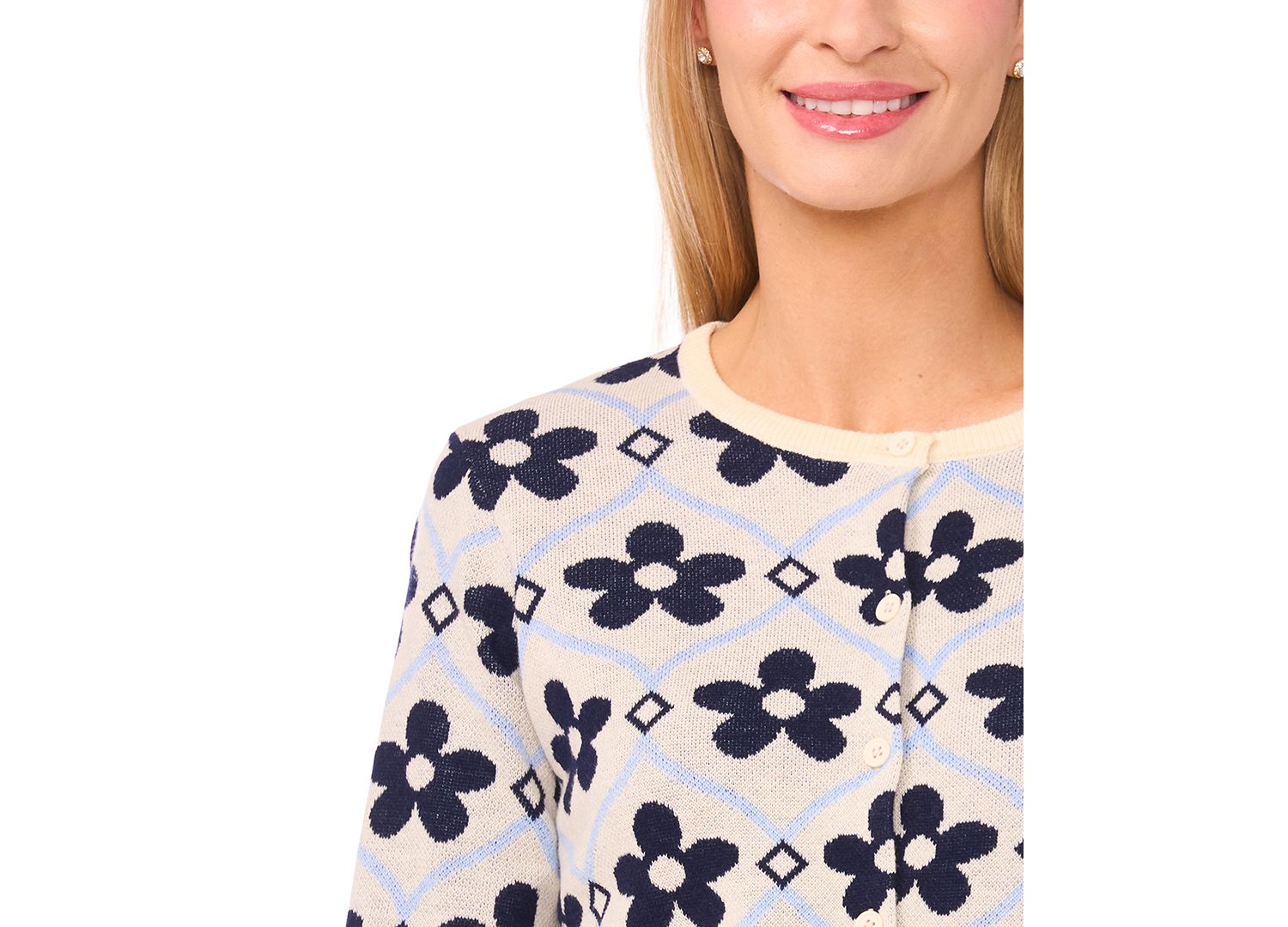 Women's Floral Detail Long-Sleeve Crewneck Cardigan