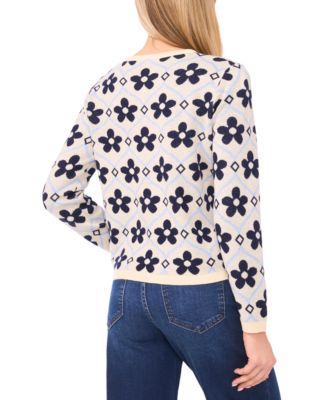 Women's Floral Detail Long-Sleeve Crewneck Cardigan