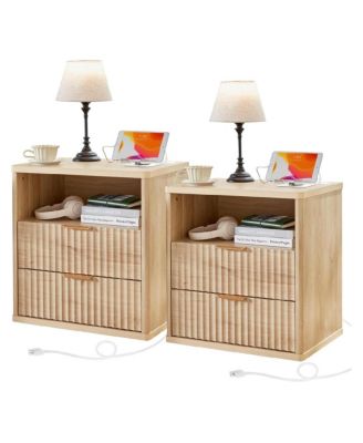 Set of 2 Fluted Farmhouse Nightstands, 2-Drawer End Table with USB Charging Station