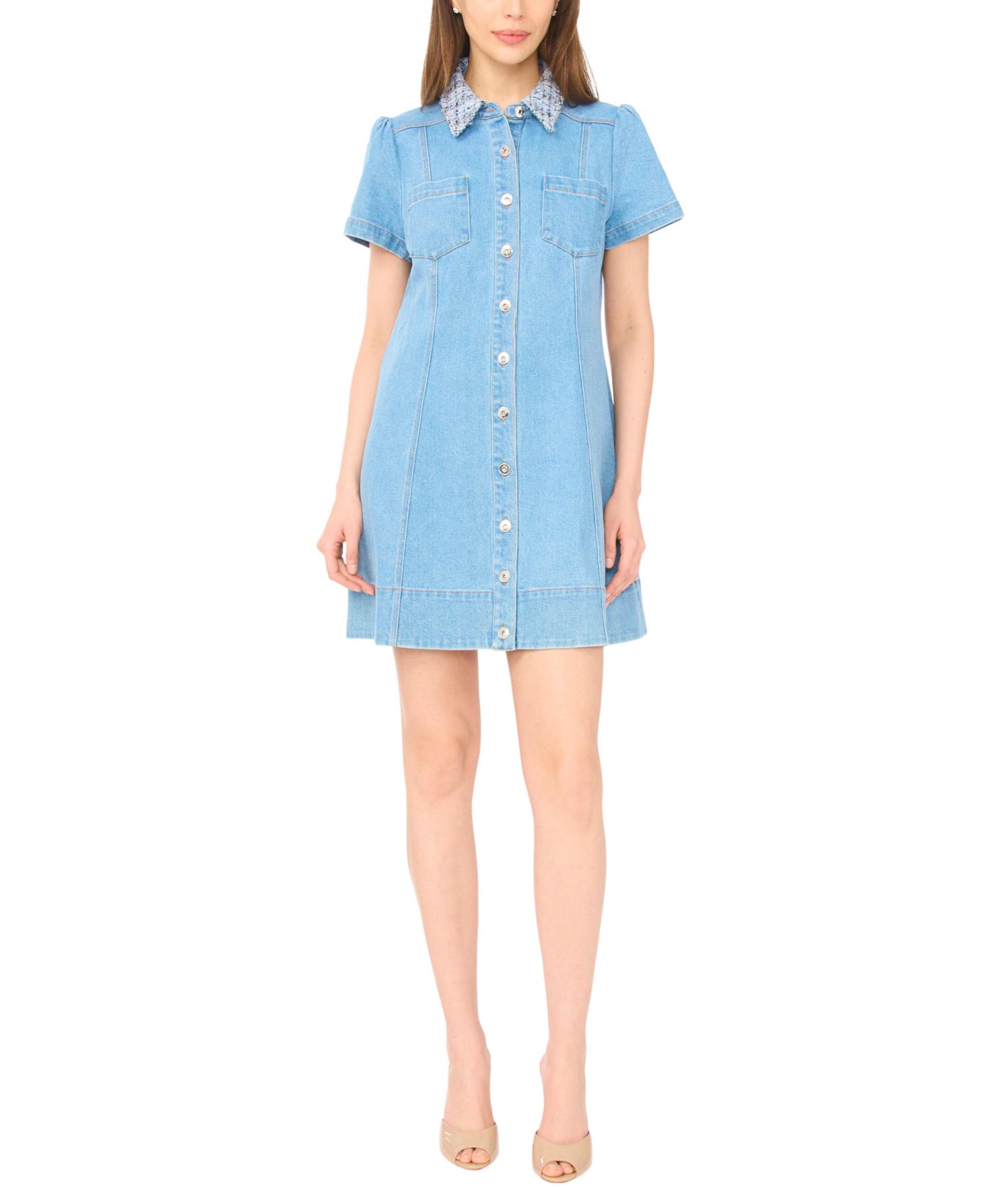 Женское платье CeCe Tweed Collar Denim Mini, цвет: Светлый синий варёный — фото 1