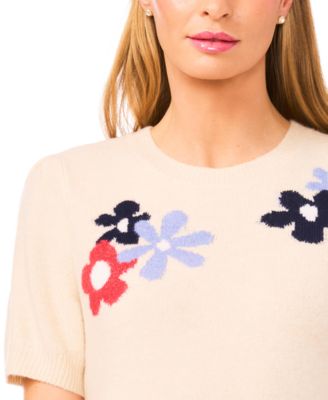 Women's Crewneck Flower Patterned Knit Short-Sleeve Sweater