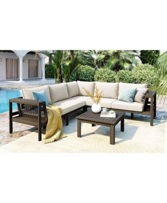 4 Piece Outdoor Acacia Wood L Shaped Patio Sofa Set with Coffee Table Woven Mesh Armrests Beige Cushions for Garden Poolside