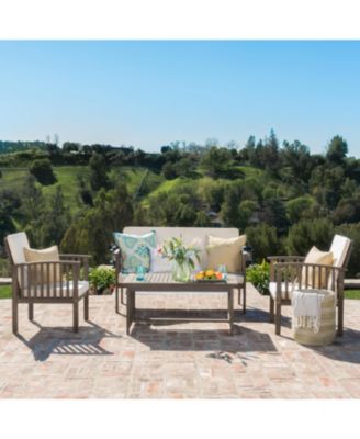 4 Piece Acacia Wood Outdoor Chat Set Water Resistant Cream Gray Cushions Heavy Duty Frame for Patio Garden Leisure