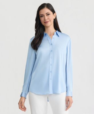 Women's Button-Front Long-Sleeve Collared Neck Blouse